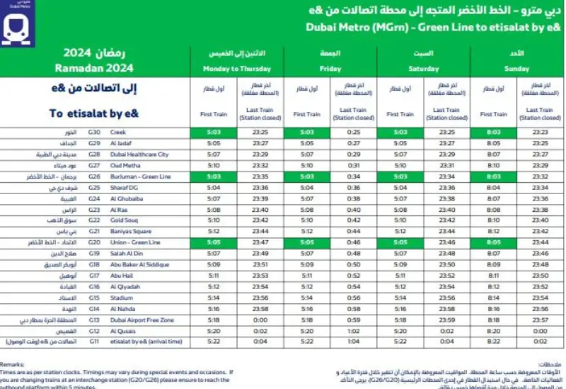 Dubai Metro Green Line To etisalat by e& Timings During Ramadan 2024